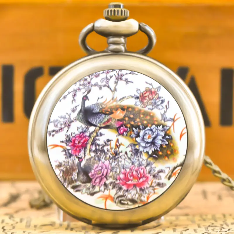 Enamel Pocket Watch Necklace with Blue & White Porcelain Design - Image 3
