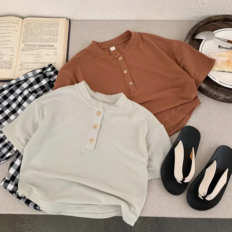 Boys Summer T-Shirt Stretch Korean Style White Brown