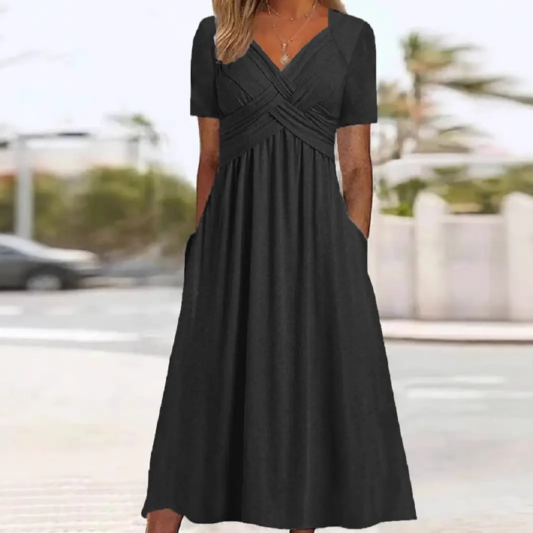 2025 Short Sleeve V-Neck Dress Pink - Image 7