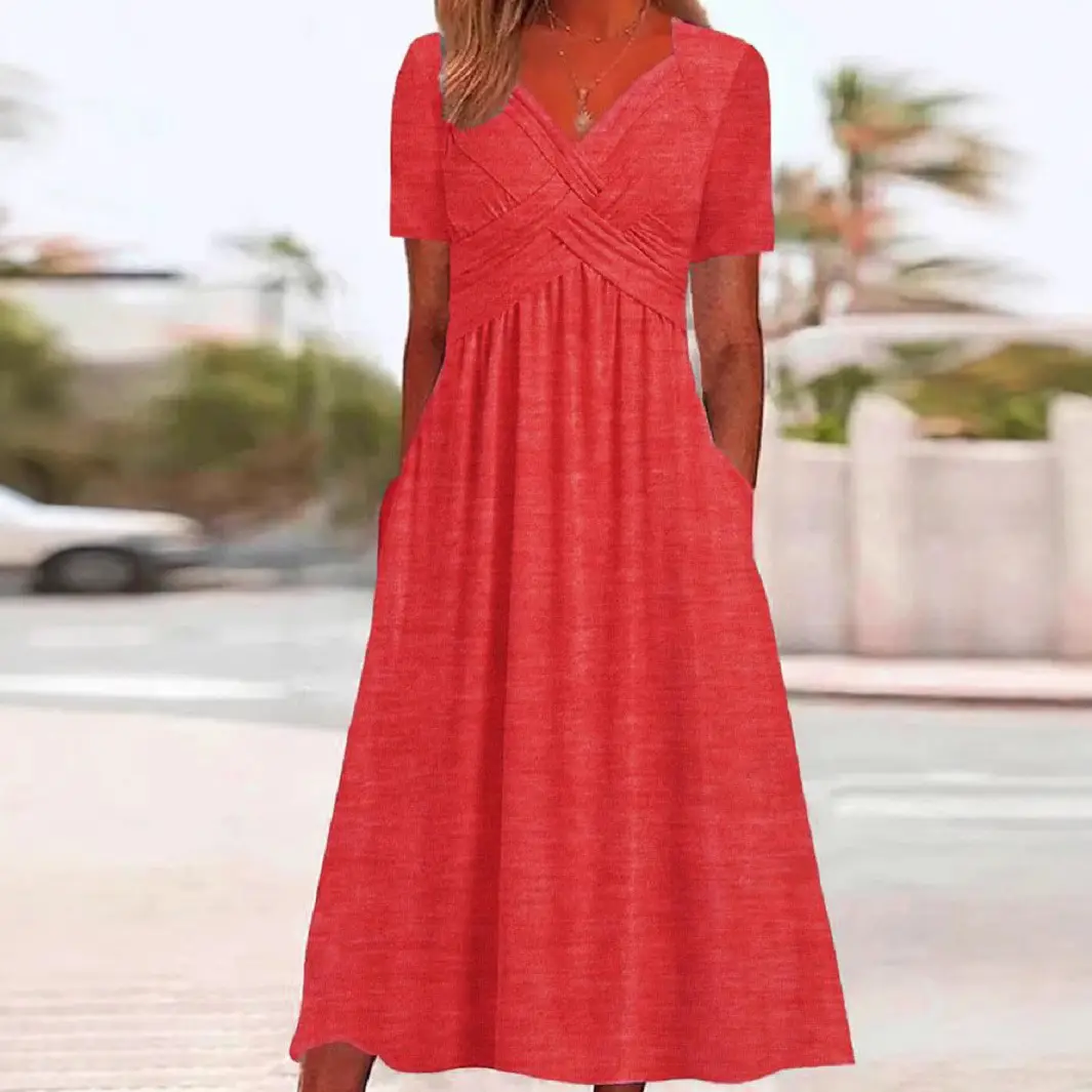 2025 Short Sleeve V-Neck Dress Pink - Image 8