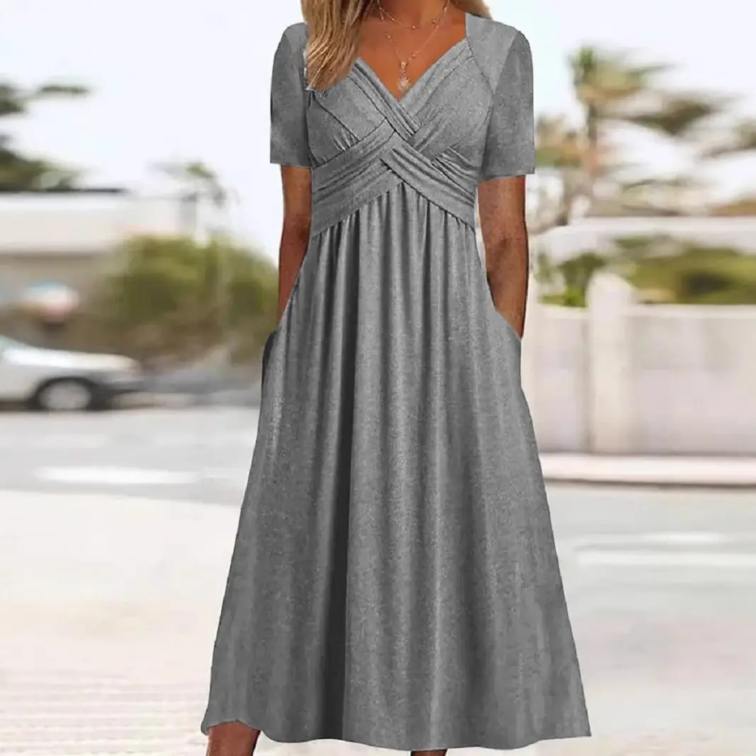 2025 Short Sleeve V-Neck Dress Pink - Image 9