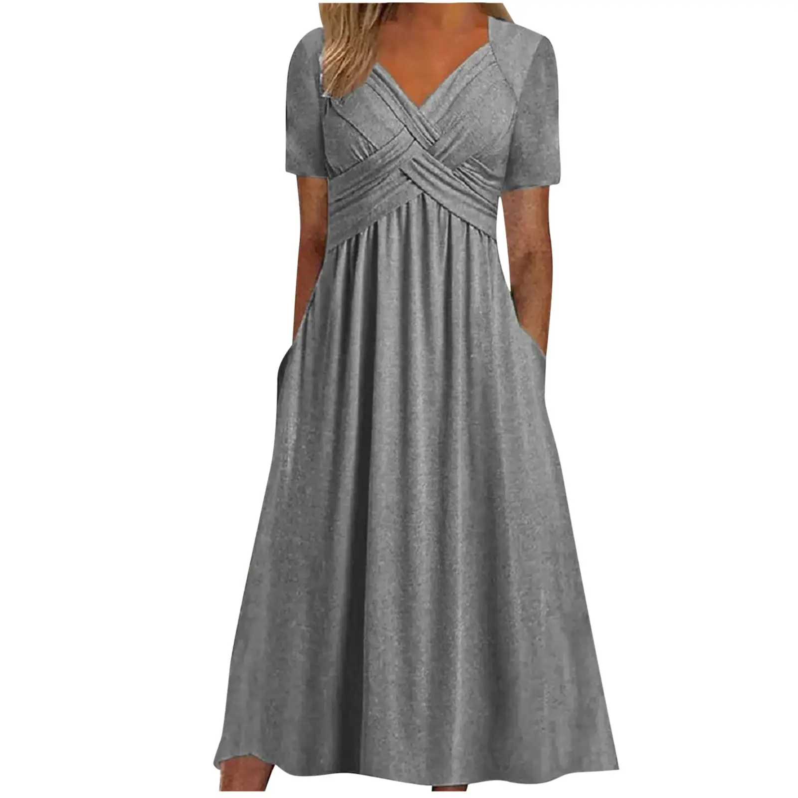 2025 Short Sleeve V-Neck Dress Pink — feature 11