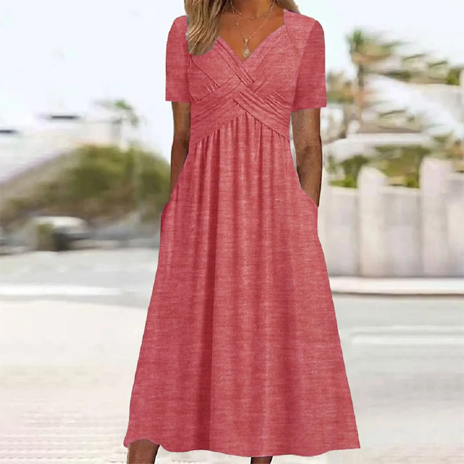 2025 Short Sleeve V-Neck Dress Pink — feature 15