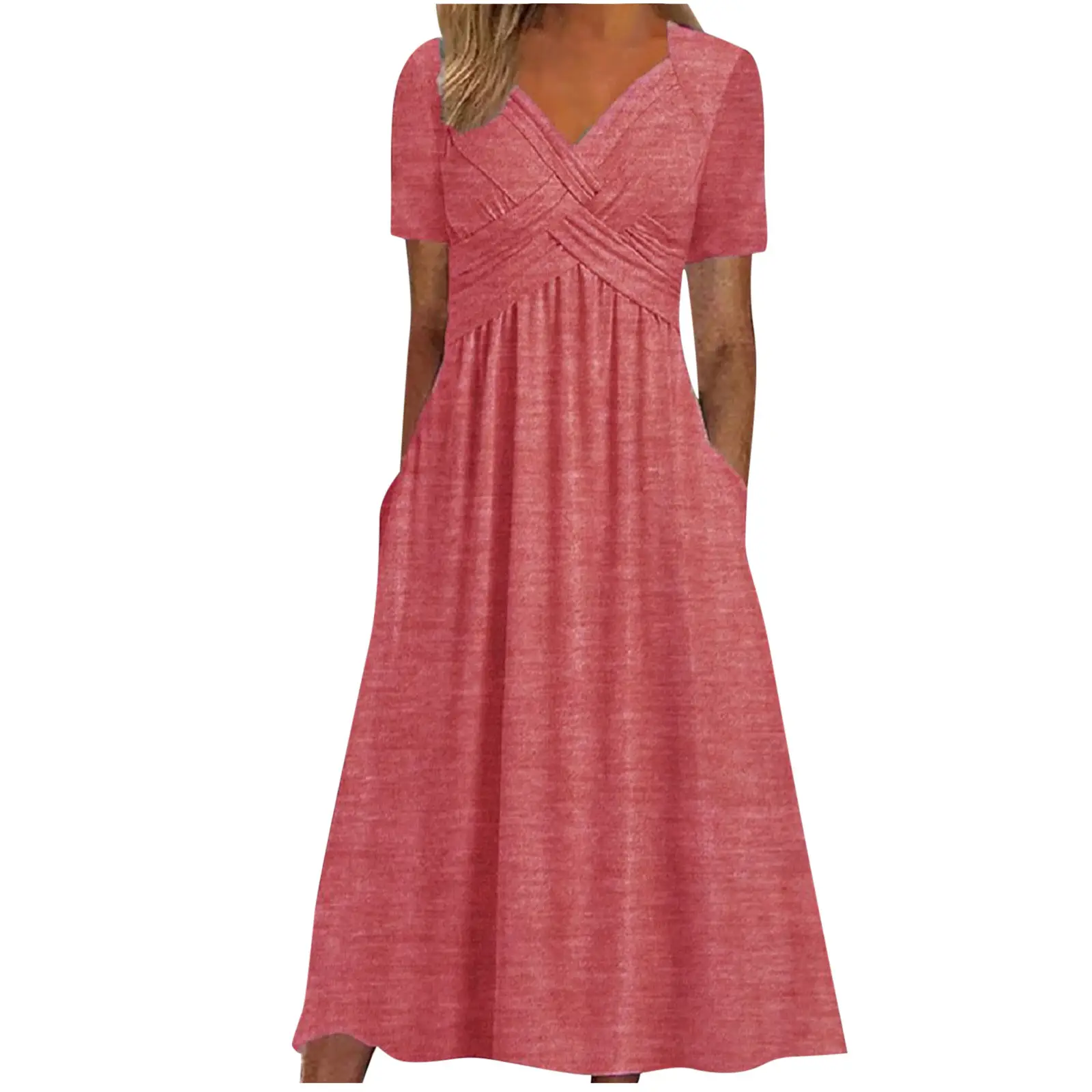 2025 Short Sleeve V-Neck Dress Pink — feature 16