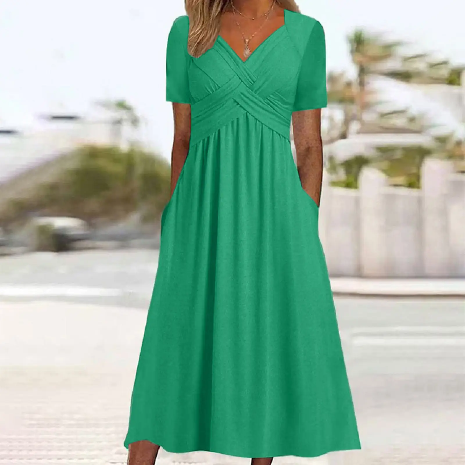 2025 Short Sleeve V-Neck Dress Pink - Image 2