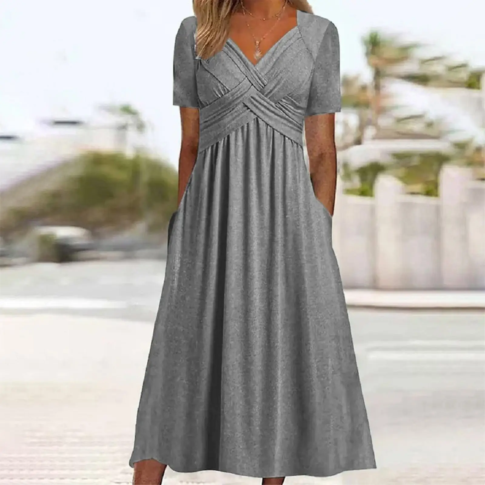 2025 Short Sleeve V-Neck Dress Pink - Image 3