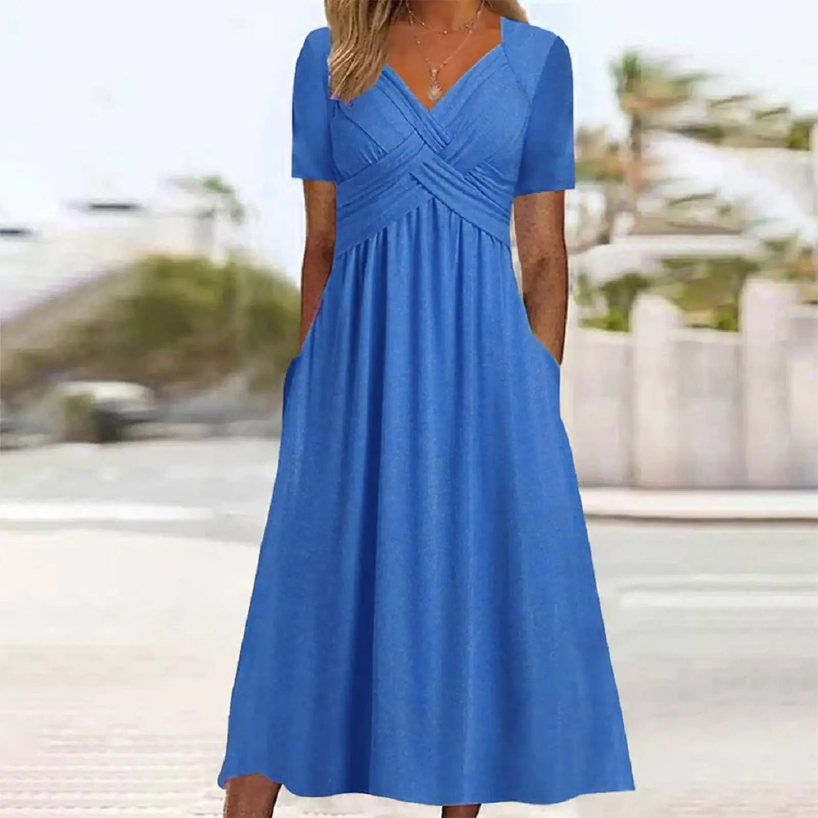 2025 Short Sleeve V-Neck Dress Pink - Image 5