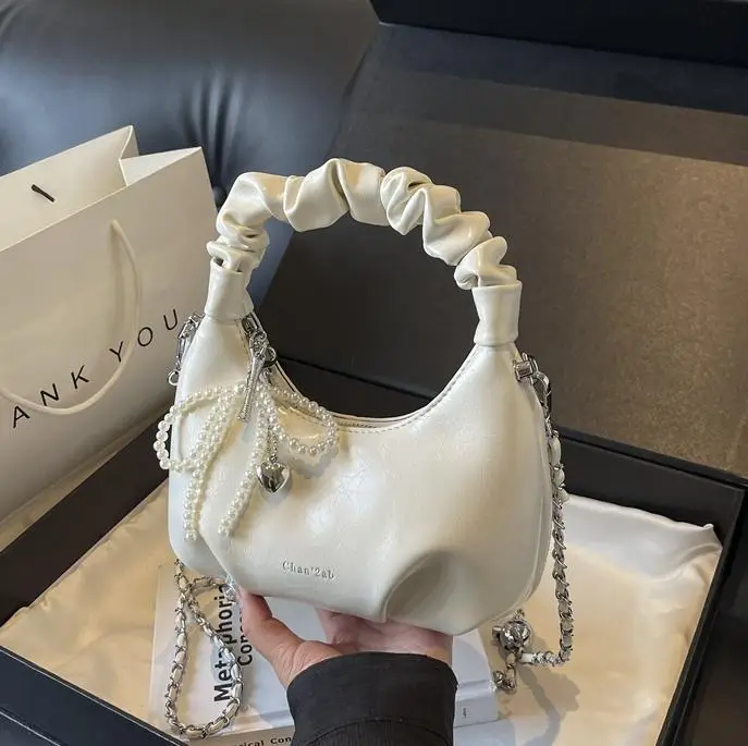 White Pleated Shoulder Bag with Chain Strap for Women - Image 5