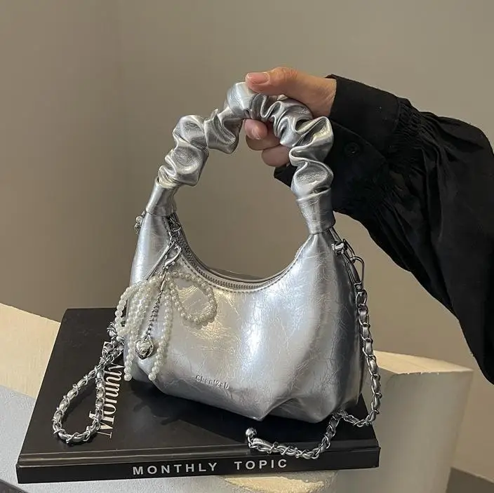 White Pleated Shoulder Bag with Chain Strap for Women - Image 6