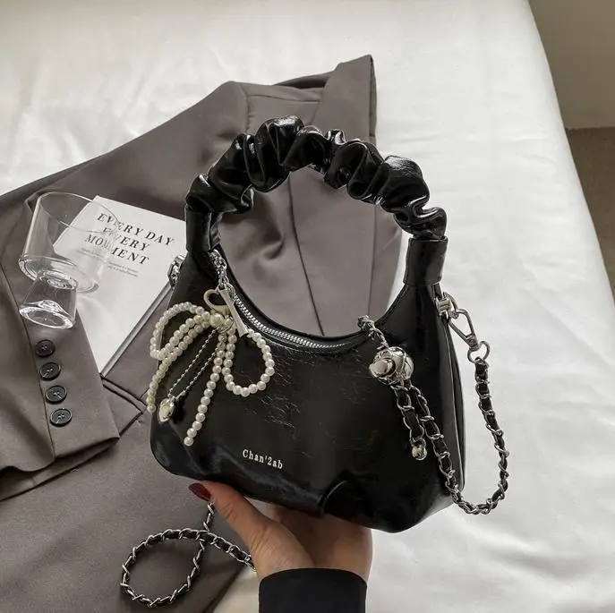White Pleated Shoulder Bag with Chain Strap for Women - Image 8