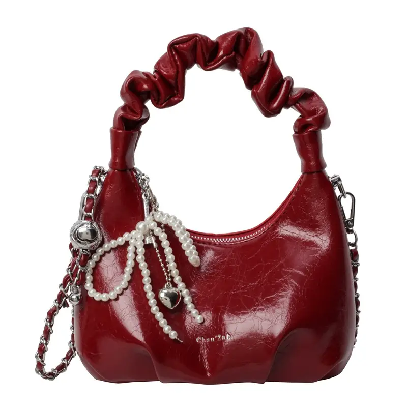 White Pleated Shoulder Bag with Chain Strap for Women - Image 9