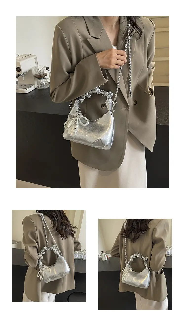 White Pleated Shoulder Bag with Chain Strap for Women — feature 12