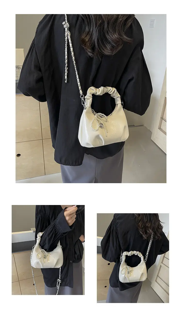 White Pleated Shoulder Bag with Chain Strap for Women — feature 14