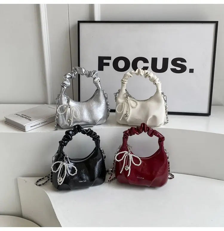 White Pleated Shoulder Bag with Chain Strap for Women — feature 15