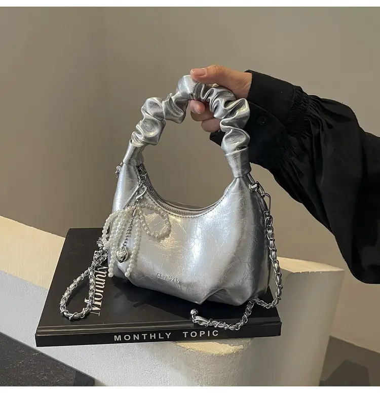 White Pleated Shoulder Bag with Chain Strap for Women — feature 17
