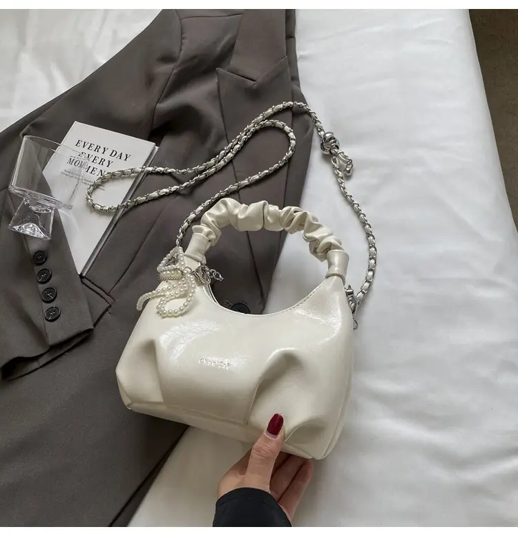 White Pleated Shoulder Bag with Chain Strap for Women — feature 22