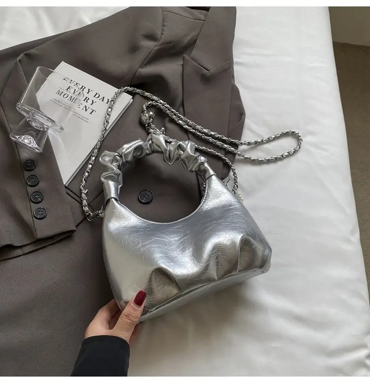 White Pleated Shoulder Bag with Chain Strap for Women — feature 23