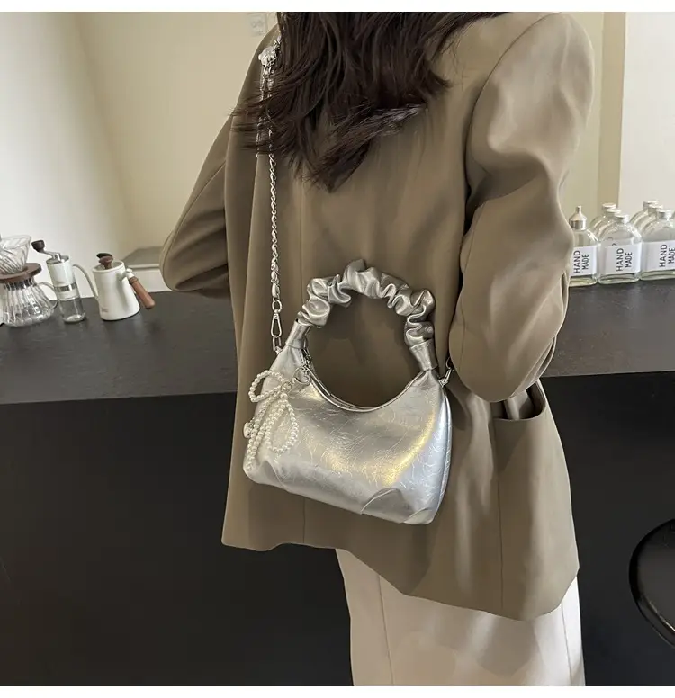White Pleated Shoulder Bag with Chain Strap for Women — feature 24