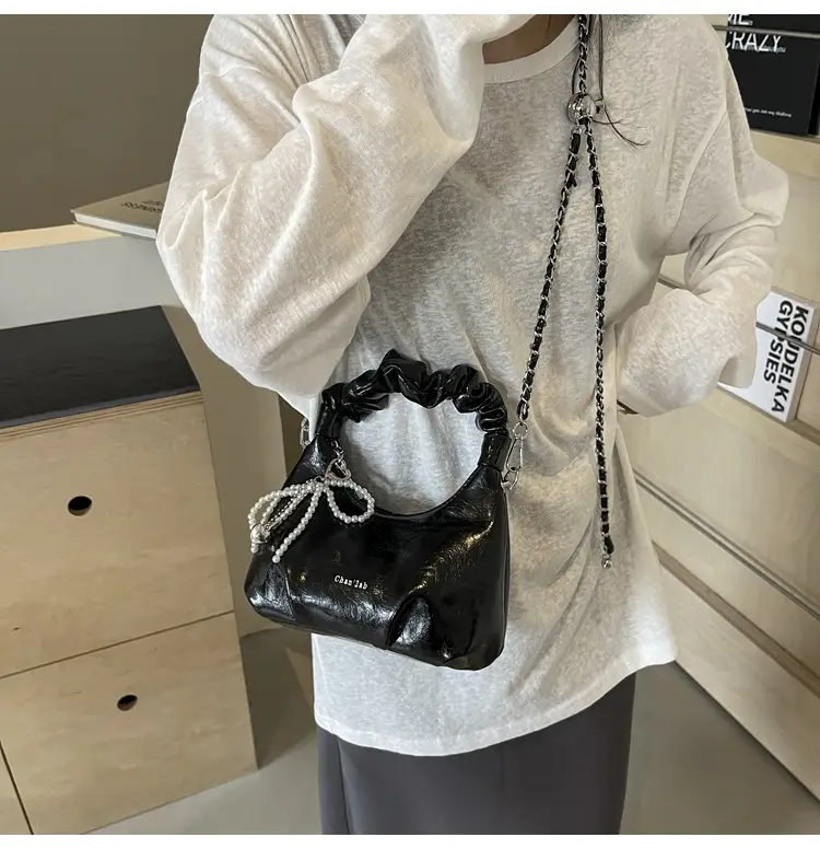 White Pleated Shoulder Bag with Chain Strap for Women — feature 26