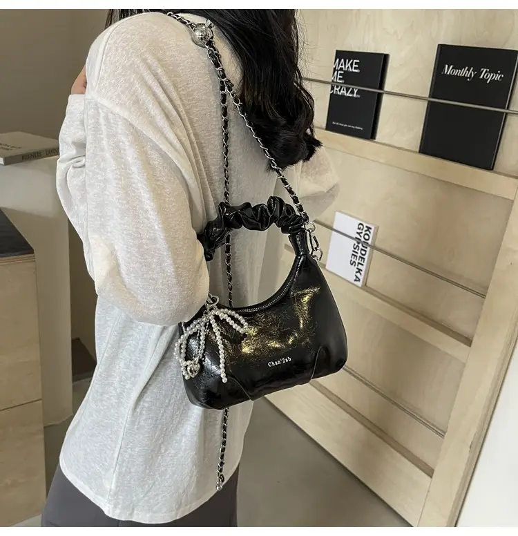 White Pleated Shoulder Bag with Chain Strap for Women — feature 27
