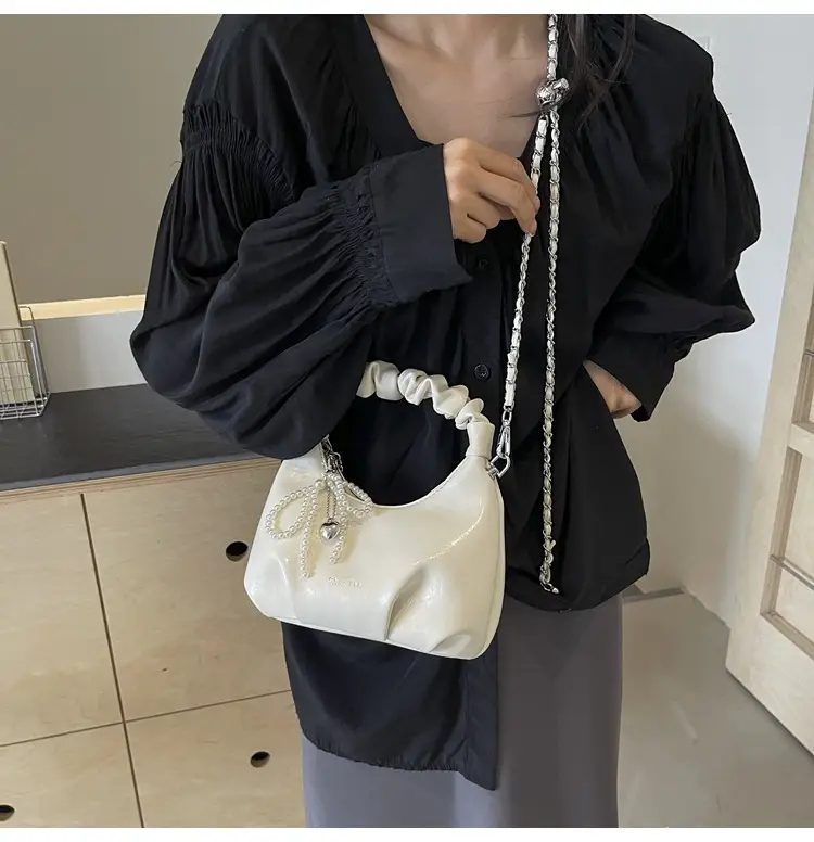 White Pleated Shoulder Bag with Chain Strap for Women — feature 28