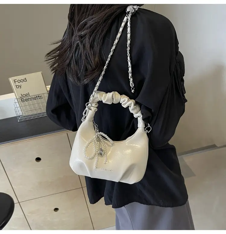 White Pleated Shoulder Bag with Chain Strap for Women — feature 29