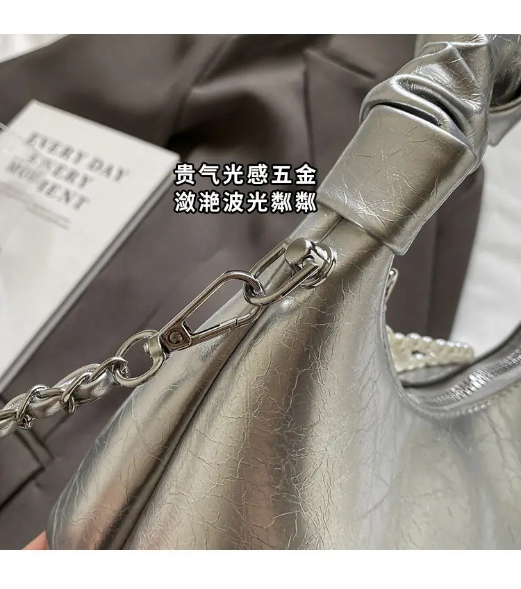 White Pleated Shoulder Bag with Chain Strap for Women — feature 5
