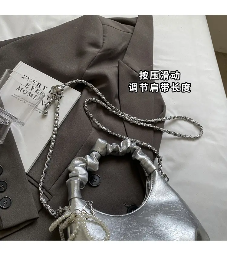 White Pleated Shoulder Bag with Chain Strap for Women — feature 7