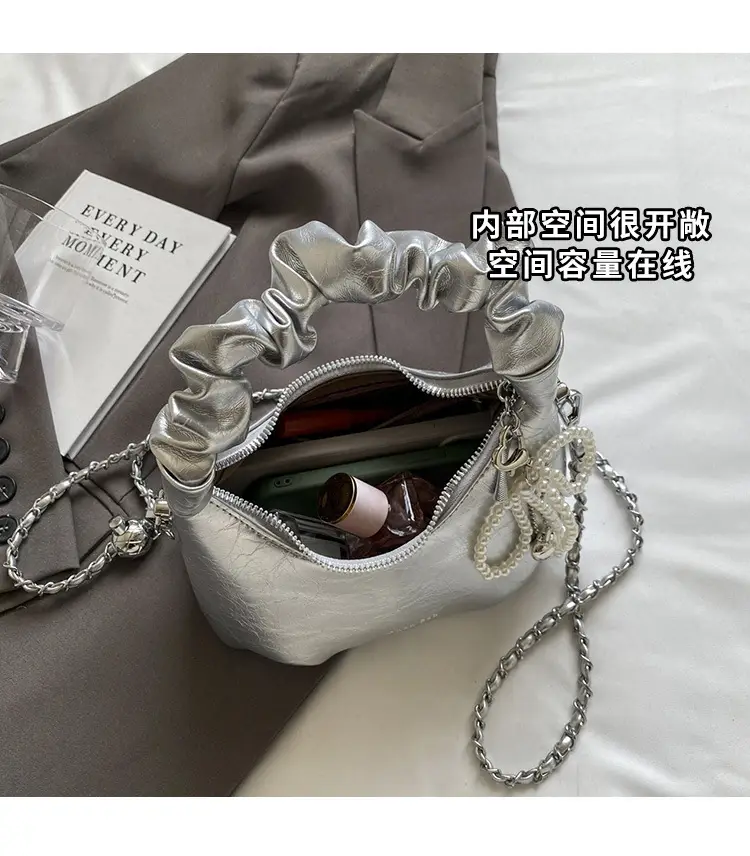 White Pleated Shoulder Bag with Chain Strap for Women — feature 8