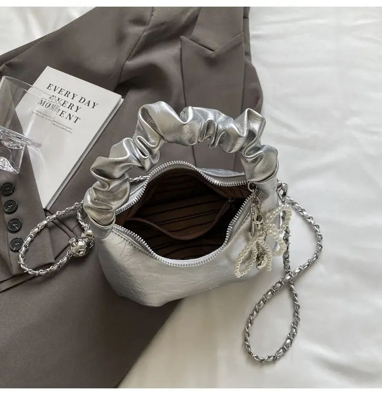 White Pleated Shoulder Bag with Chain Strap for Women — feature 9