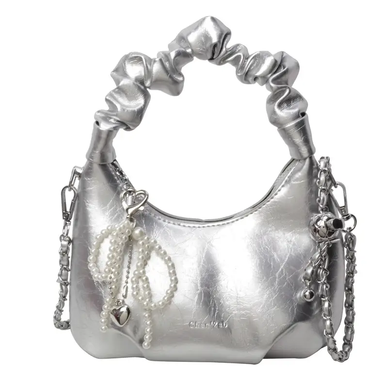 White Pleated Shoulder Bag with Chain Strap for Women - Image 2