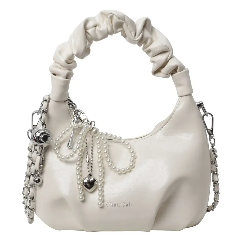 White Pleated Shoulder Bag with Chain Strap for Women - Image 4