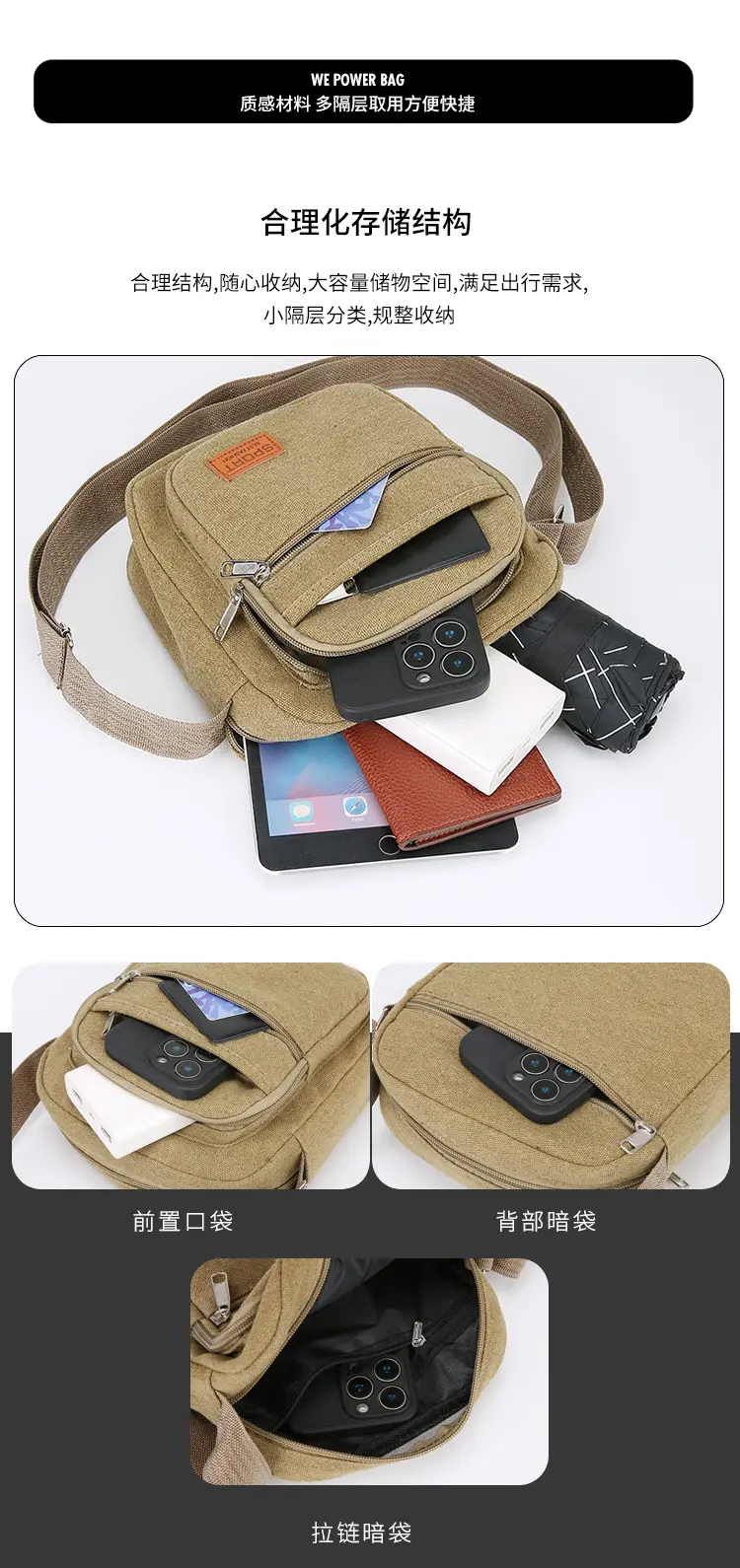 Multi-layer Canvas Business Bag for Women Men Brown — feature 8