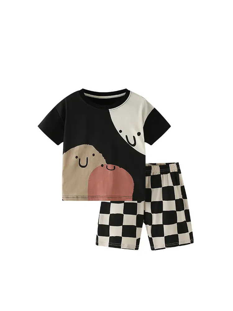 Malwee Boys Printed T-Shirt Shorts Set Black White Checkered