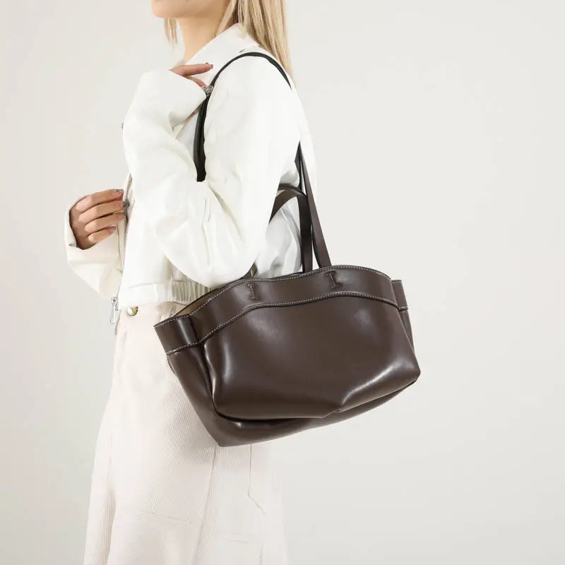 Cross-border Leather Tote Bag Women Large Capacity Brown - Image 7