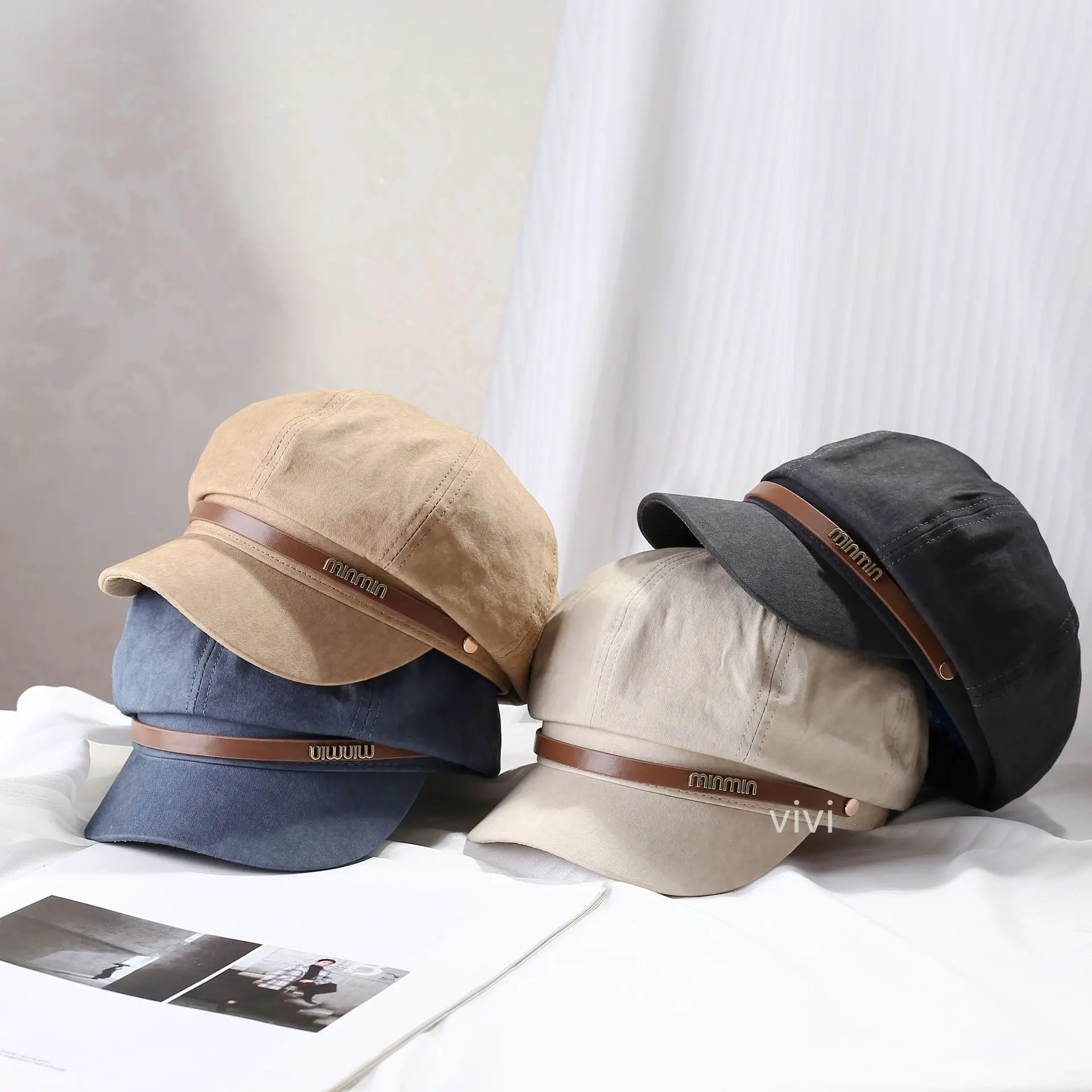 Women's Black Leather Buckle Beret Cap Spring Summer - Image 5