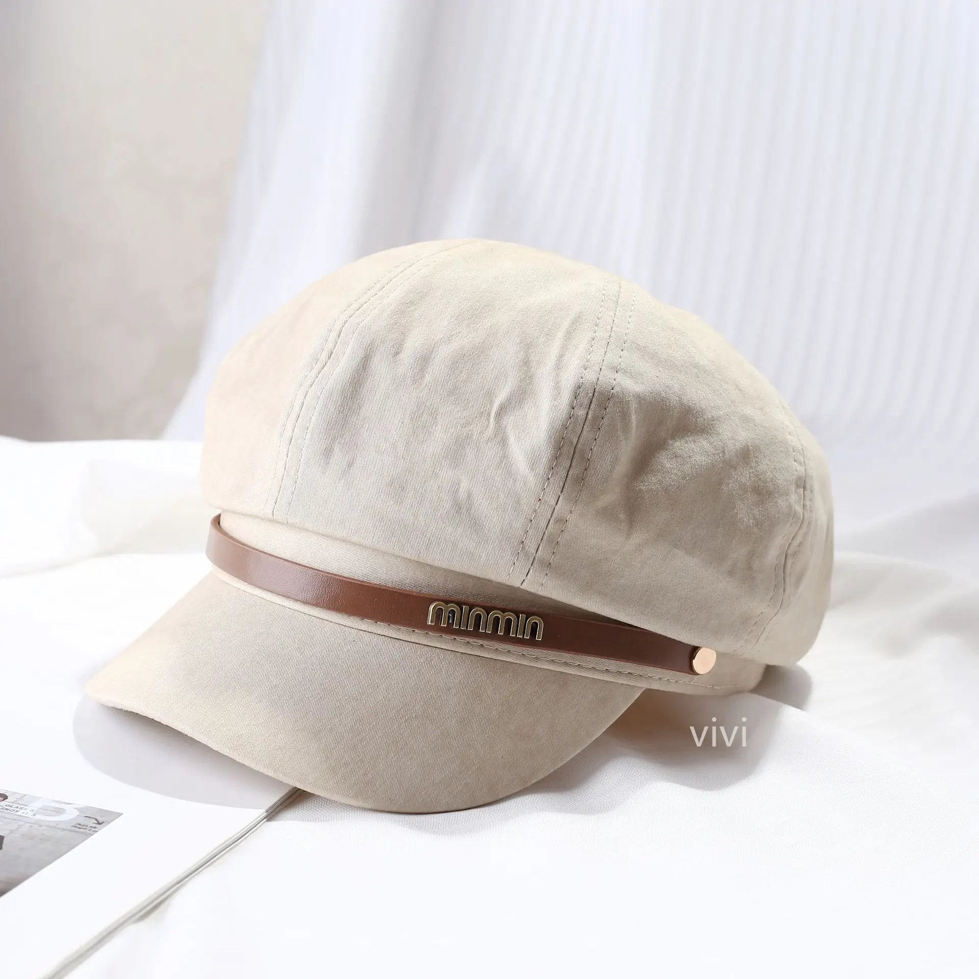 Women's Black Leather Buckle Beret Cap Spring Summer - Image 2