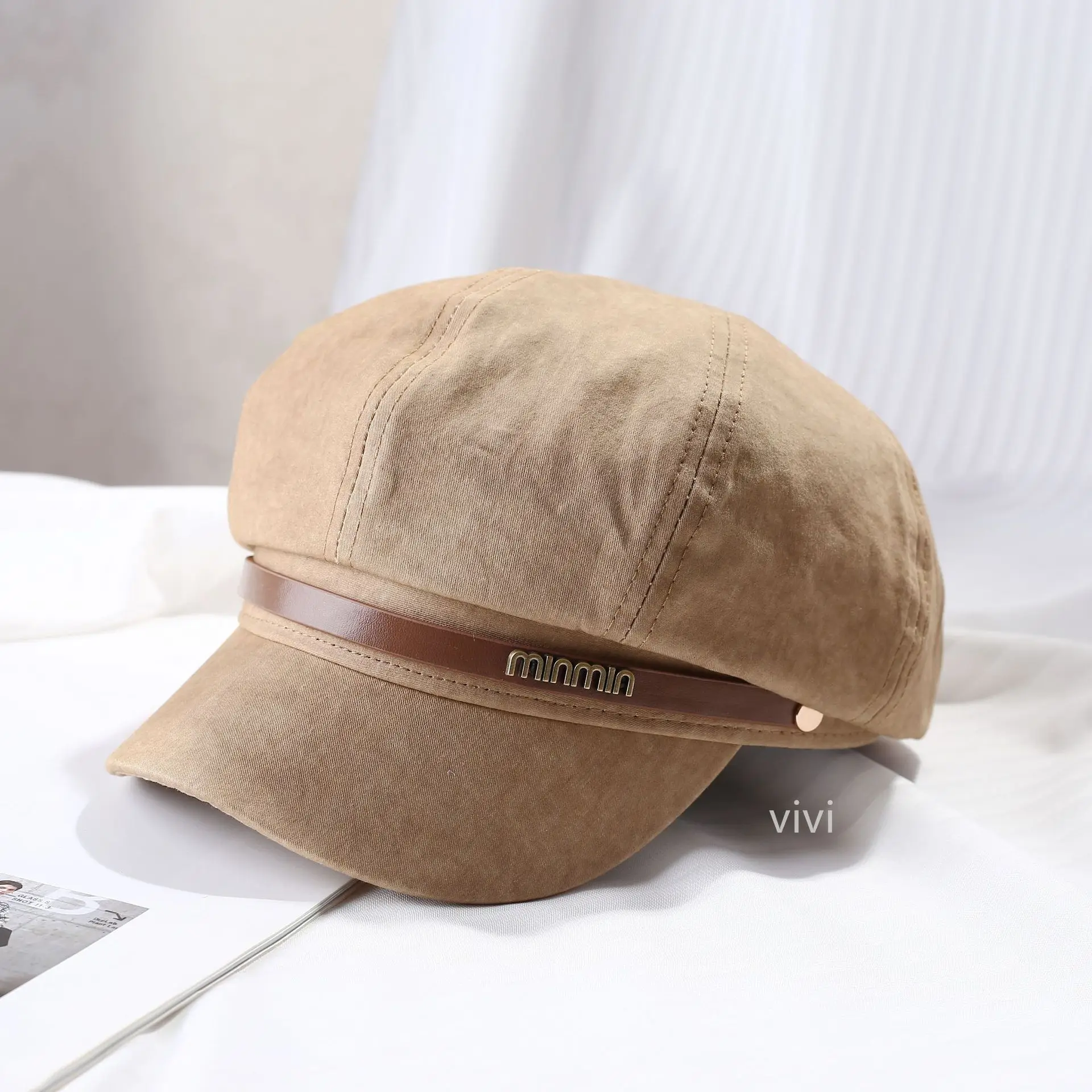 Women's Black Leather Buckle Beret Cap Spring Summer - Image 3