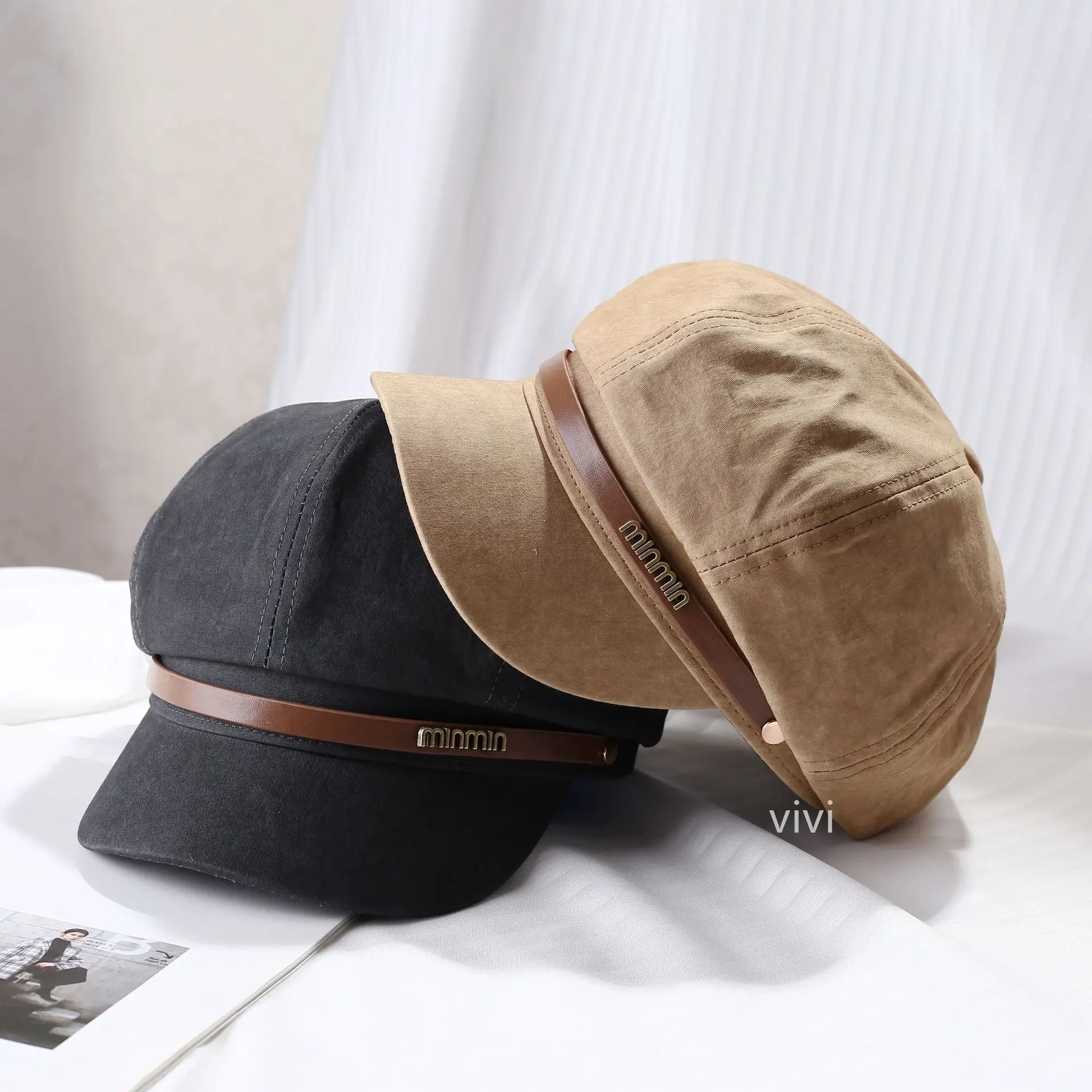 Women's Black Leather Buckle Beret Cap Spring Summer — feature 10