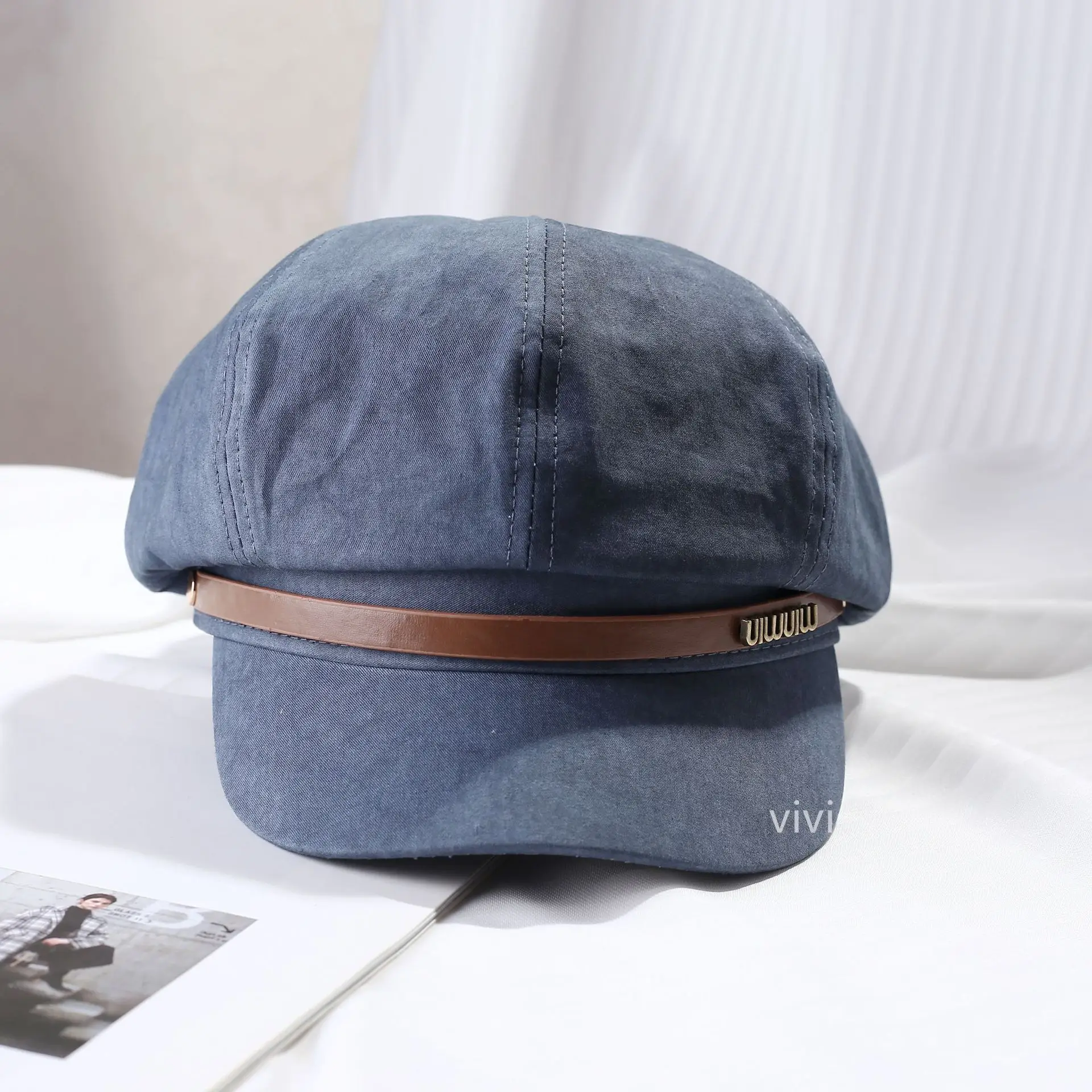 Women's Black Leather Buckle Beret Cap Spring Summer — feature 4