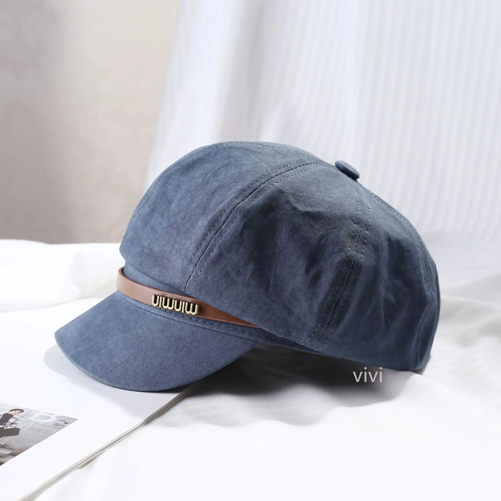 Women's Black Leather Buckle Beret Cap Spring Summer — feature 6