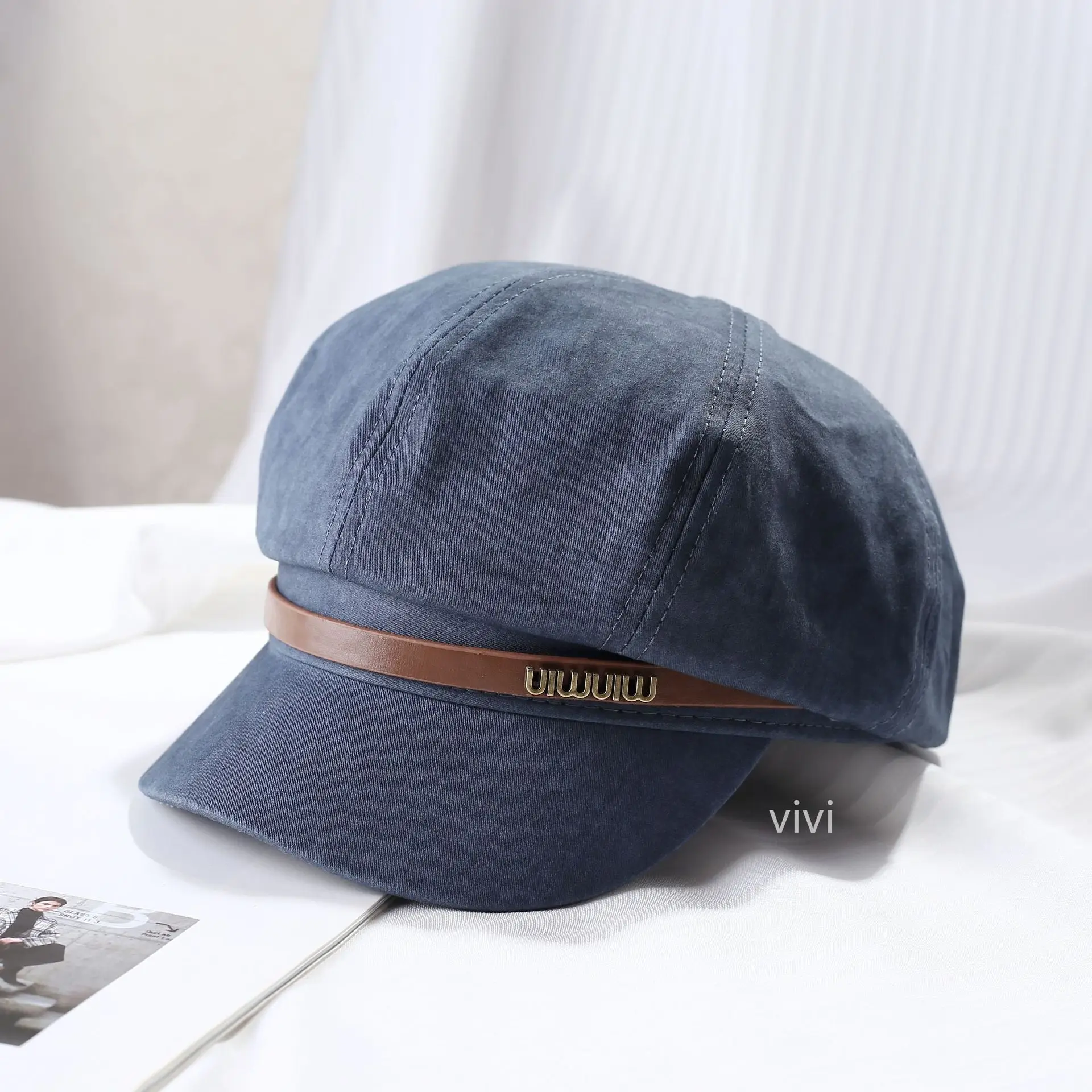 Women's Black Leather Buckle Beret Cap Spring Summer - Image 4