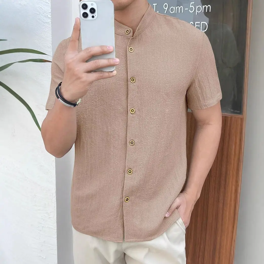 Men's Loose Fit Beige Button Shirt Short Sleeve - Image 7
