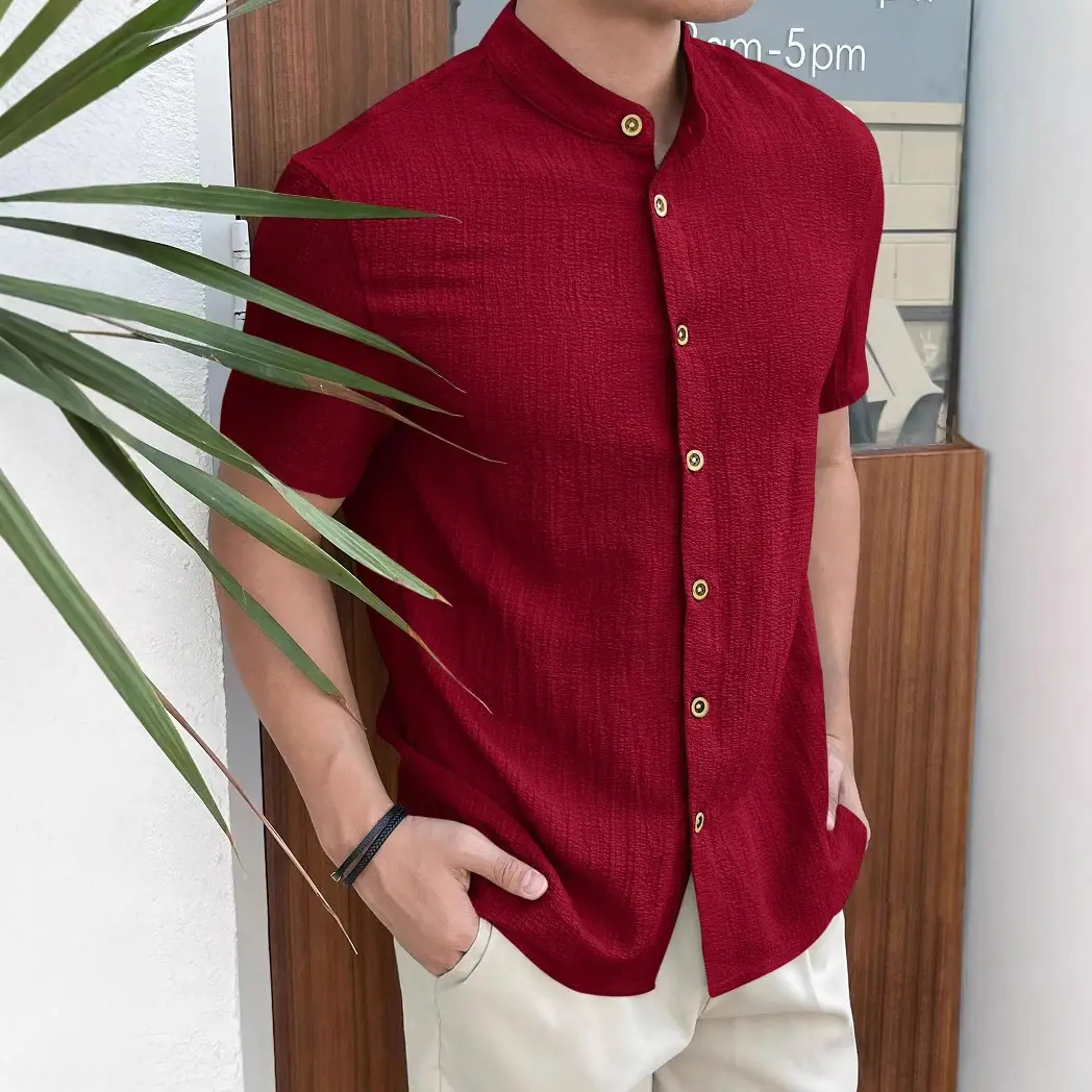 Men's Loose Fit Beige Button Shirt Short Sleeve - Image 3