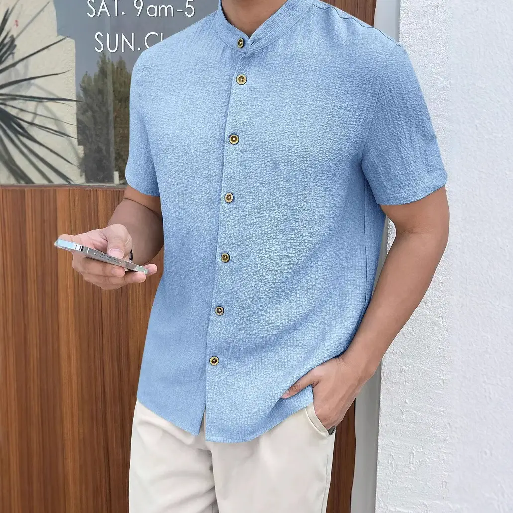 Men's Loose Fit Beige Button Shirt Short Sleeve - Image 4