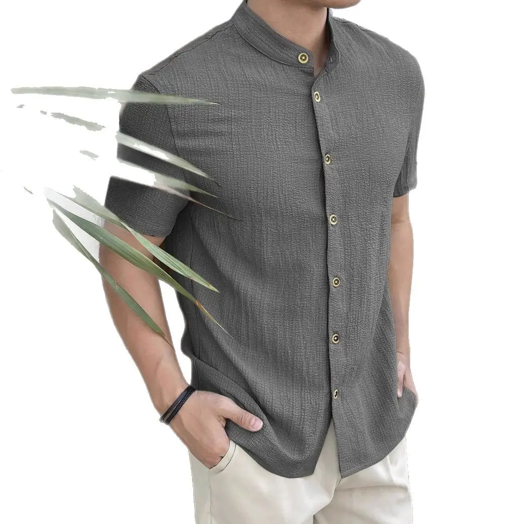 Men's Loose Fit Beige Button Shirt Short Sleeve - Image 8