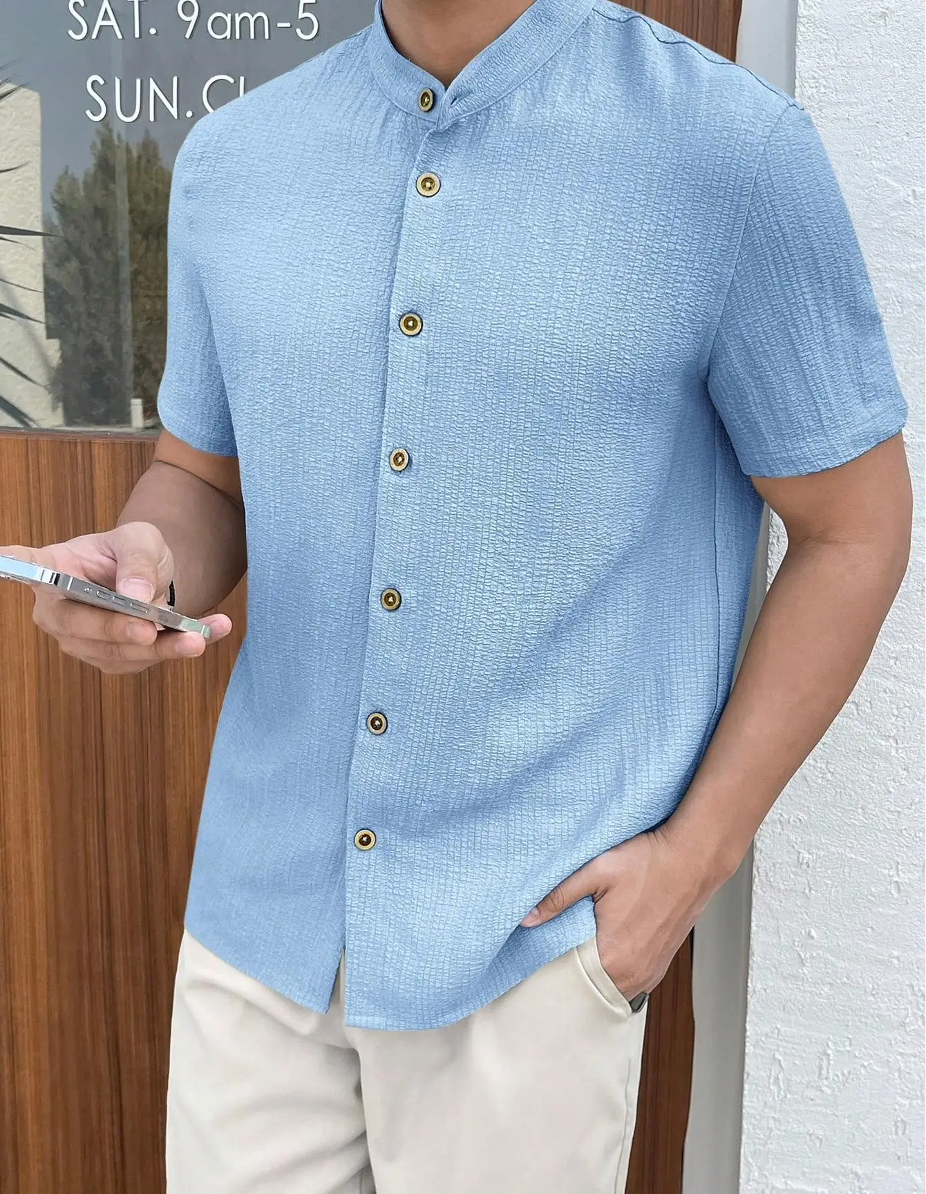 Men's Loose Fit Beige Button Shirt Short Sleeve — feature 10