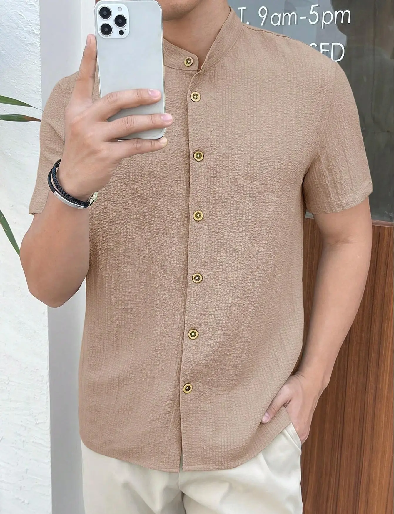 Men's Loose Fit Beige Button Shirt Short Sleeve — feature 2