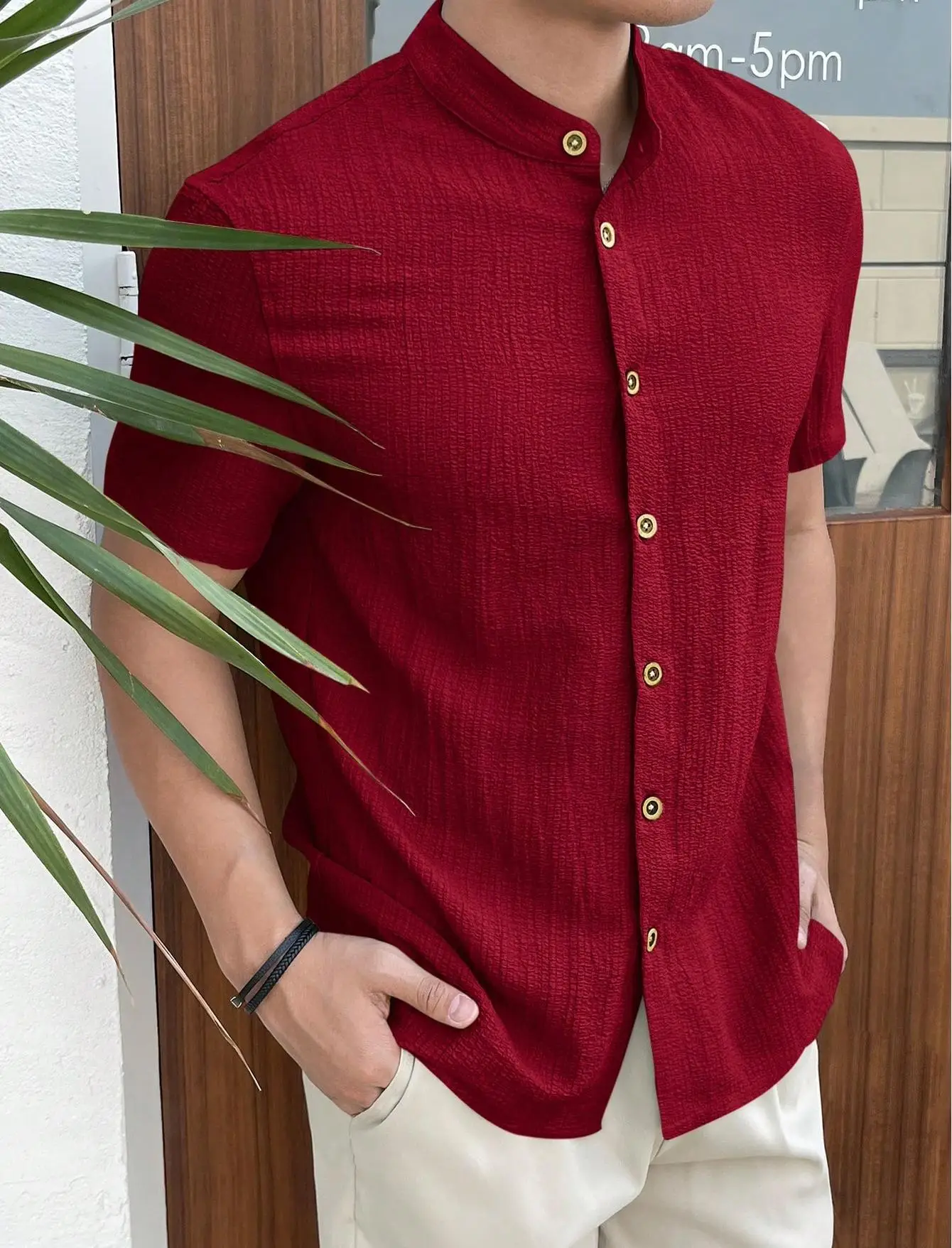 Men's Loose Fit Beige Button Shirt Short Sleeve — feature 4