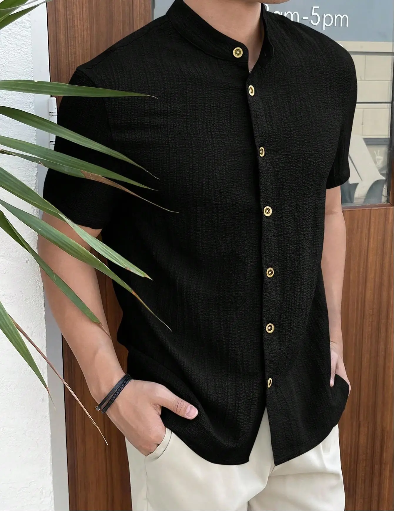 Men's Loose Fit Beige Button Shirt Short Sleeve — feature 6